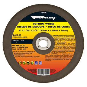 Forney 71799 Cut-Off Wheel, 6 in Dia, 1/16 in Thick, 5/8 in Arbor, 46 Grit, Medium, Aluminum Oxide Abrasive