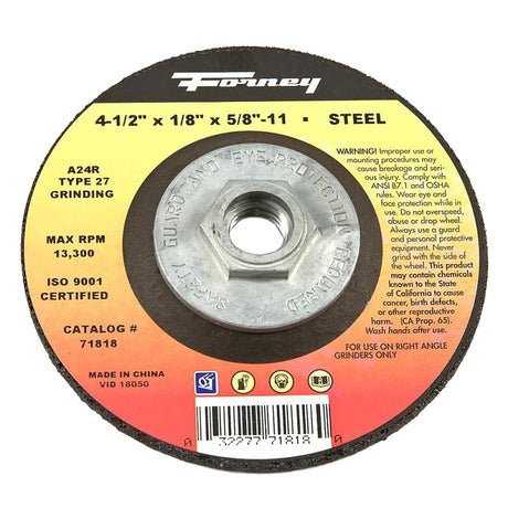 Forney 71818 Grinding Wheel, 4-1/2 in Dia, 1/8 in Thick, 5/8 in Arbor, 24 Grit, Coarse, Aluminum Oxide Abrasive