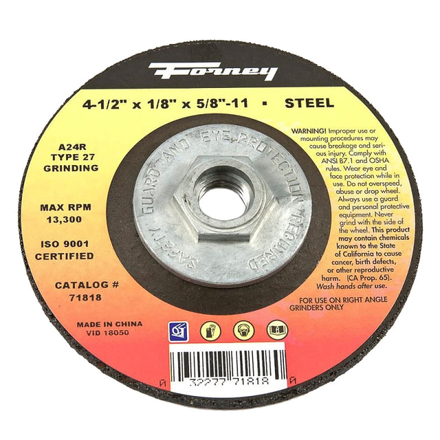 Forney 71818 Grinding Wheel, 4-1/2 in Dia, 1/8 in Thick, 5/8 in Arbor, 24 Grit, Coarse, Aluminum Oxide Abrasive