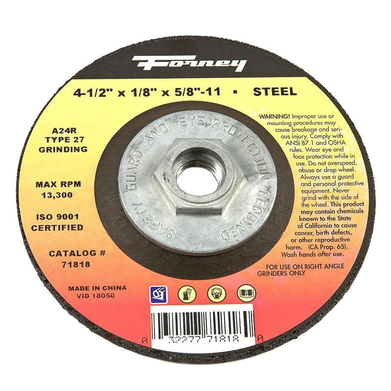 Forney 71818 Grinding Wheel, Applicable Materials: Ferrous Material, 4-1/2 in Dia, 1/8 in Thick, 5/8-11 in Arbor