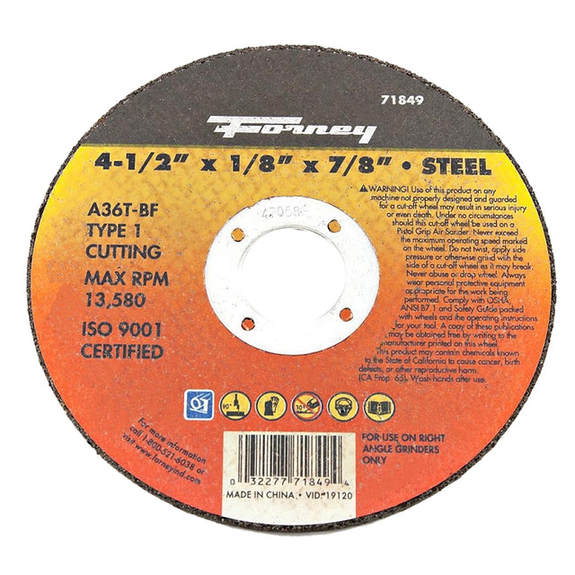 Forney 71849 Cut-Off Wheel, 4-1/2 in Dia, 1/8 in Thick, 7/8 in Arbor, 36 Grit, Medium, Aluminum Oxide Abrasive