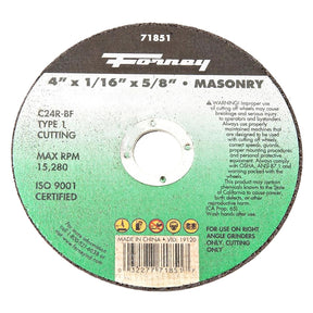 Forney 71851 Cut-Off Wheel, 4 in Dia, 1/16 in Thick, 5/8 in Arbor, 24 Grit, Coarse, Silicone Carbide Abrasive