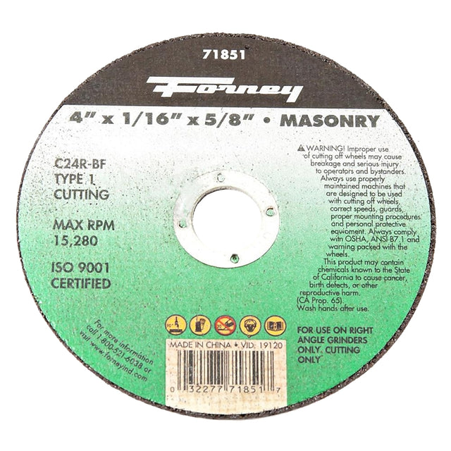 Forney 71851 Cut-Off Wheel, 4 in Dia, 1/16 in Thick, 5/8 in Arbor, 24 Grit, Coarse, Silicone Carbide Abrasive