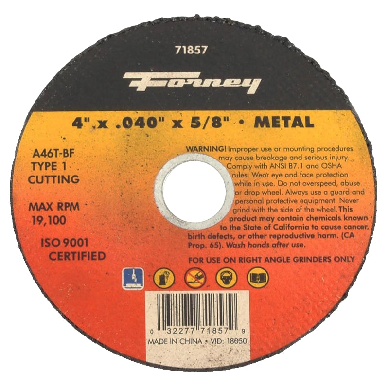 Forney 71857 Cut-Off Wheel, 4 in Dia, 1/25 in Thick, 5/8 in Arbor, 46 Grit, Medium, Aluminum Oxide Abrasive