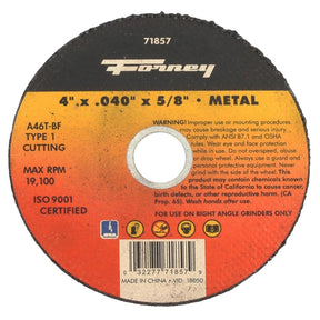 Forney 71857 Cut-Off Wheel, 4 in Dia, 1/25 in Thick, 5/8 in Arbor, 46 Grit, Medium, Aluminum Oxide Abrasive