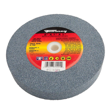 Forney 72404 Bench Grinding Wheel, 6 in Dia, 1 in W, 1 in Arbor, 60 Grit, Medium, Aluminum Oxide Abrasive