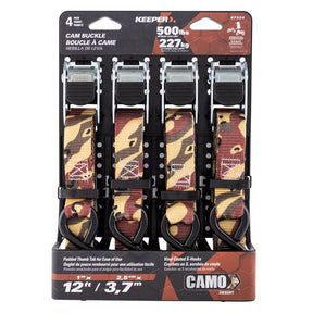 Keeper 47324 Tie-Down Strap, 1 in W, 12 ft L, Camo, 500 lb Working Load, S-Hook End