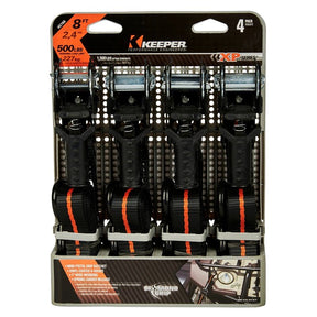 Keeper 45766 Tie-Down, Ratchet Adjustment, 1 in W, 8 ft L, 500 lb Working Load, S-Hook End, 4/PK