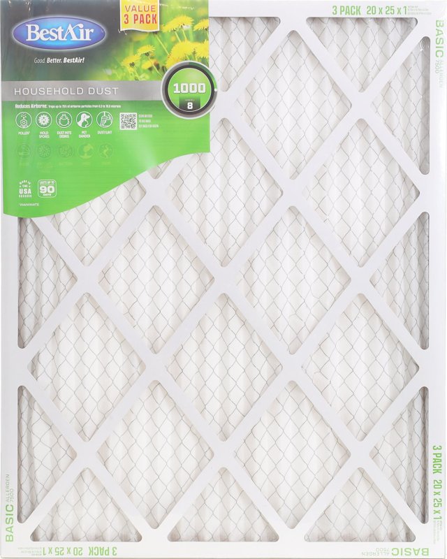 BestAir B1-2025-8-3VP4 Air Filter, 20 in L, 25 in W, 8 MERV, Pack of 4