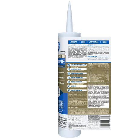 GE Advanced Silicone 2 2811092 Window & Door Sealant, Clear, 24 hr Curing, 10.1 fl-oz Cartridge, Pack of 12