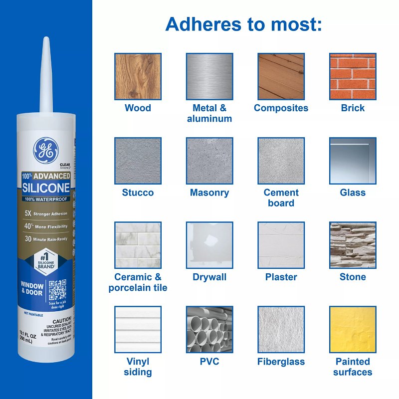 GE Advanced Silicone 2 2811092 Window & Door Sealant, Clear, 24 hr Curing, 10.1 fl-oz Cartridge, Pack of 12