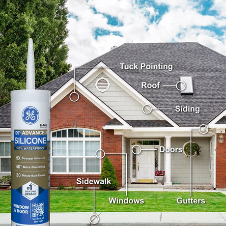 GE Advanced Silicone 2 2811093 Window & Door Sealant, White, 24 hr Curing, 10.1 fl-oz Cartridge, Pack of 12