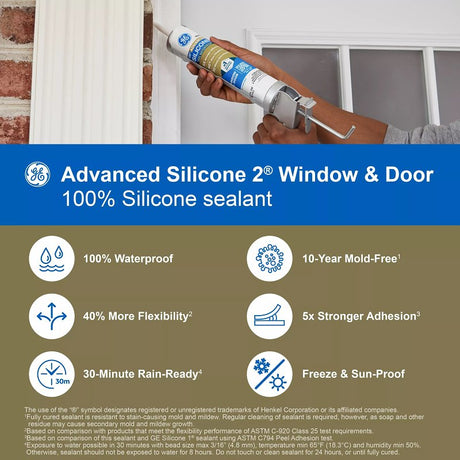 GE Advanced Silicone 2 2811093 Window & Door Sealant, White, 24 hr Curing, 10.1 fl-oz Cartridge, Pack of 12