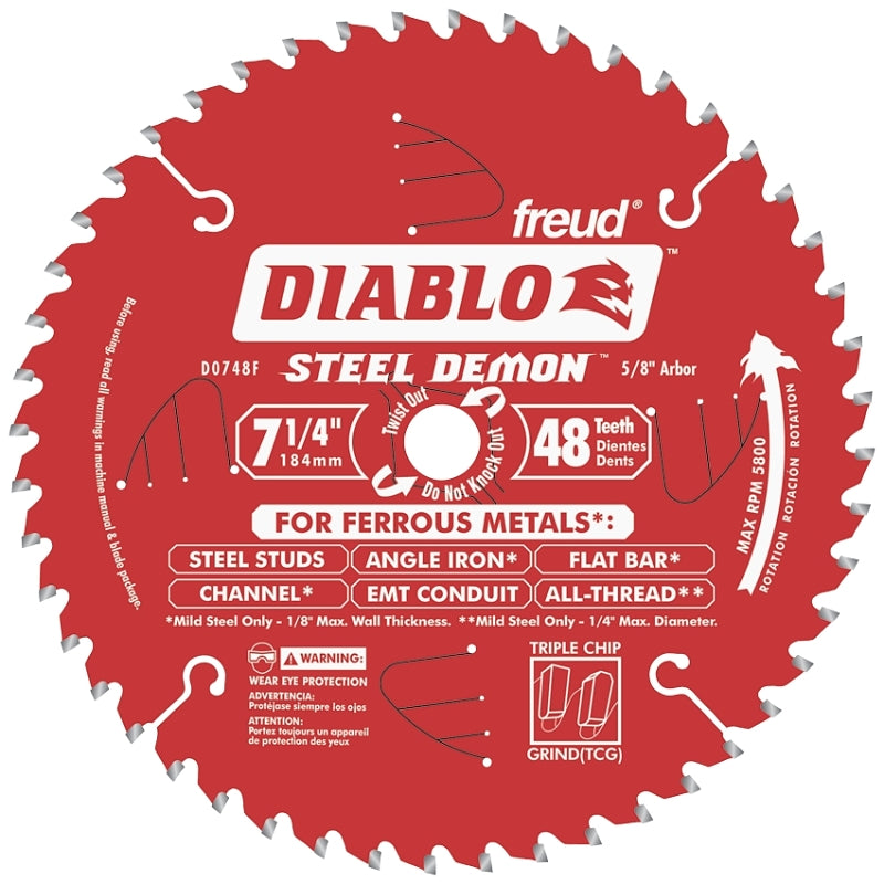 Diablo Steel Demon D0748CFX Circular Saw Blade, 7-1/4 in Dia, 5/8 in Arbor, Cermet Cutting Edge, 0.063 in Thick