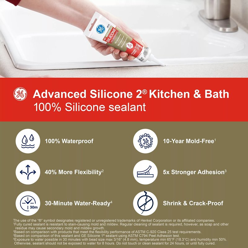GE Advanced Silicone 2 2812566 Kitchen & Bath Sealant, White, 24 hr Curing, 2.8 fl-oz Squeeze Tube