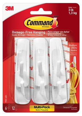 Command 17001-VP-6PK Utility Hook, 7/8 in Opening, 3 lb, 6 -Hook, Plastic, White
