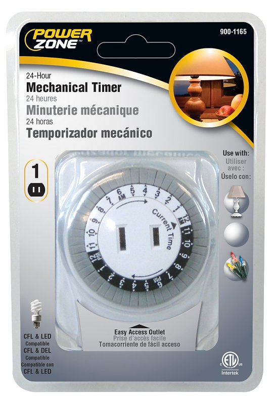 PowerZone TNI24111 Electromechanical Timer, 15 A, 125 V, 1875 W, 1-Outlet, 24 hr Time Setting, 24 hr Cycle, White