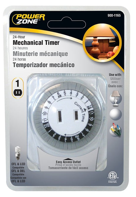 PowerZone TNI24111 Electromechanical Timer, 15 A, 125 V, 1875 W, 1-Outlet, 24 hr Time Setting, 24 hr Cycle, White