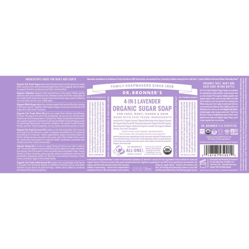 Dr. Bronner's 4-in-1 Organic Lavender Scent Sugar Soap 12 oz, Pack of 12