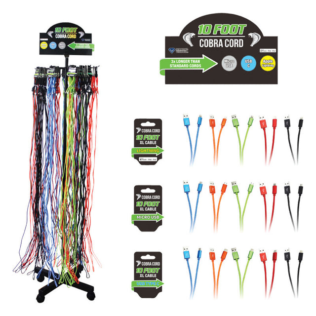 Diamond Visions Cobra Cord Micro to USB Charge and Sync Cable 10 Assorted, Pack of 72