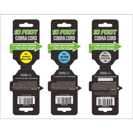 Diamond Visions Cobra Cord Micro to USB Charge and Sync Cable 10 Assorted, Pack of 72
