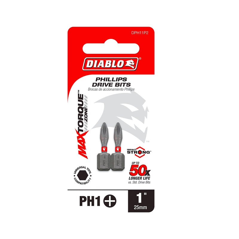 Diablo DPH11P2 Drive Bit, #1 Drive, Phillips Drive, 1/4 in Shank, Hex Shank, 1 in L