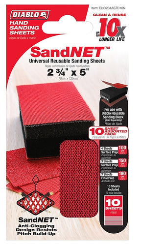 Diablo SandNET DND234ASTD10N Reusable Sanding Sheet, 2-3/4 in L, 5 in W, Fine, Medium, 100, 150, 180 Grit