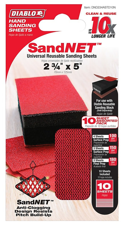 Diablo SandNET DND234ASTD10N Reusable Sanding Sheet, 2-3/4 in L, 5 in W, Fine, Medium, 100, 150, 180 Grit