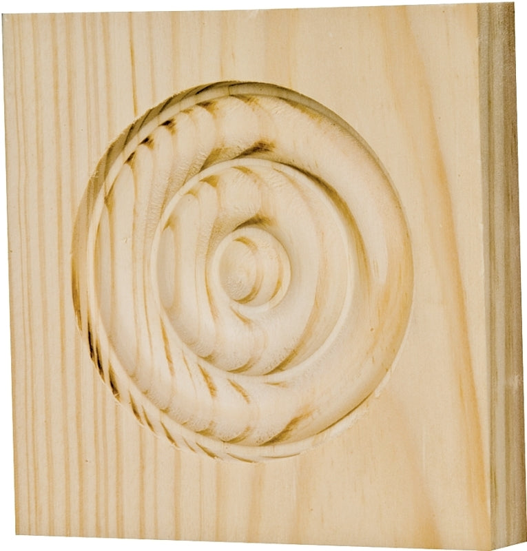 Waddell RTB35M Trim Block, 3-3/4 in H, 3-3/4 in W, Rosette Pattern, Pine Wood