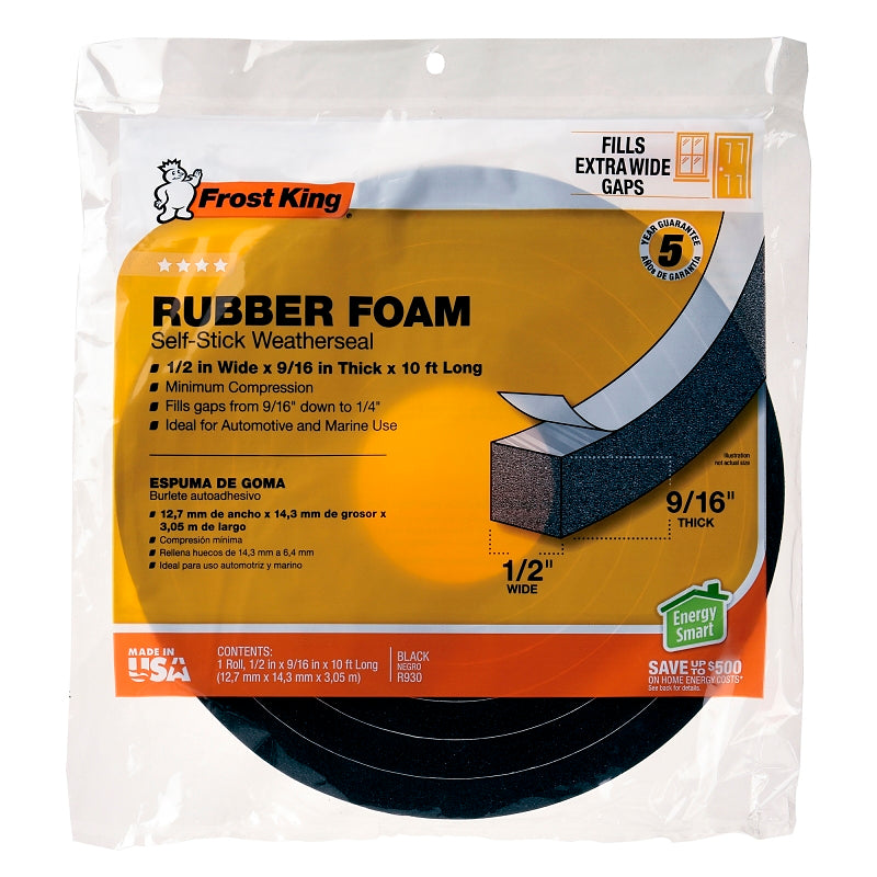Frost King R930H Weatherseal Tape, 1/2 in W, 10 ft L, 9/16 in Thick, Rubber Foam, Black