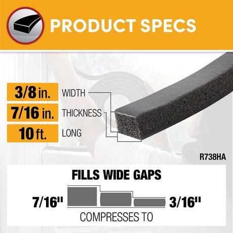 Frost King R738H Weatherseal Tape, 3/8 in W, 10 ft L, 7/16 in Thick, Rubber Foam, Black