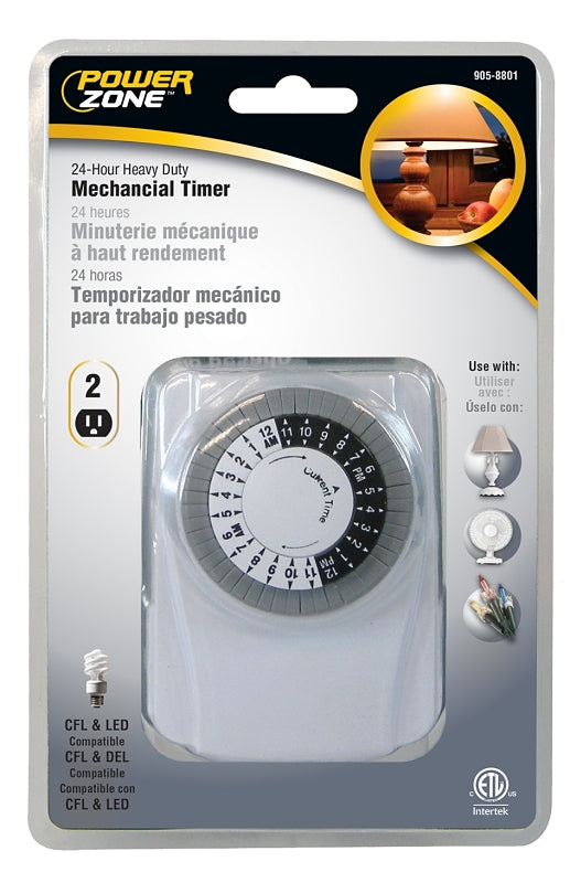 PowerZone TNI2423 Electromechanical Timer, 15 A, 125 V, 1875 W, 2-Outlet, 24 hr Time Setting, White