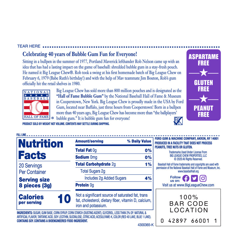 Big League Chew Grape Candy 2.12 oz, Pack of 12