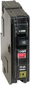 Square D QO QO115C Circuit Breaker, Mini, 15 A, 1 -Pole, 120/240 VAC, 48 VDC, Plug Mounting