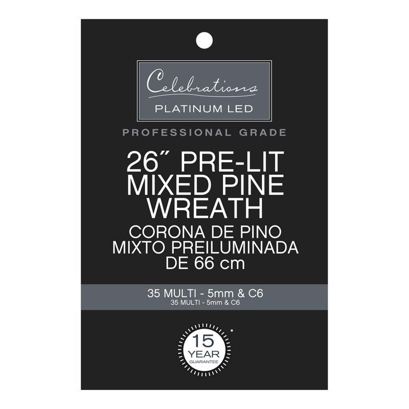 Celebrations Platinum 26 in. D LED Prelit Multicolored Mixed Pine Wreath