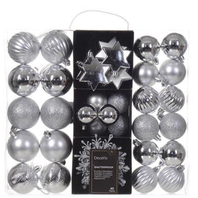 Decoris Silver Assorted Shatterproof Ornaments 2 in., Pack of 12