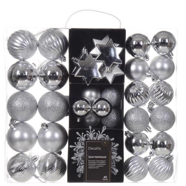 Decoris Silver Assorted Shatterproof Ornaments 2 in., Pack of 12