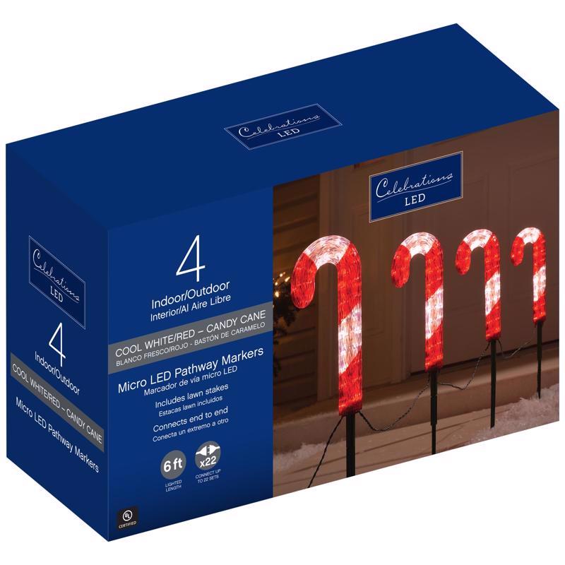 Celebrations Blue LED Red/White Cane Candy 12 in. Pathway Decor, Pack of 4