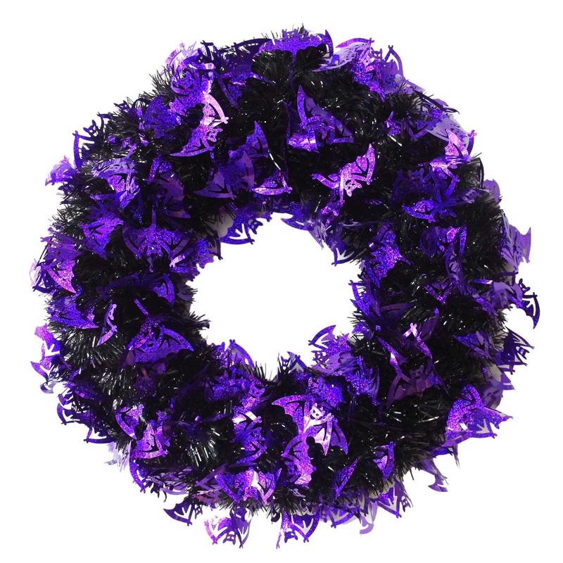 FC Young 17 in. 2 Assorted Designs- Tinsel Pumpkin/Bat Wreath, Pack of 6