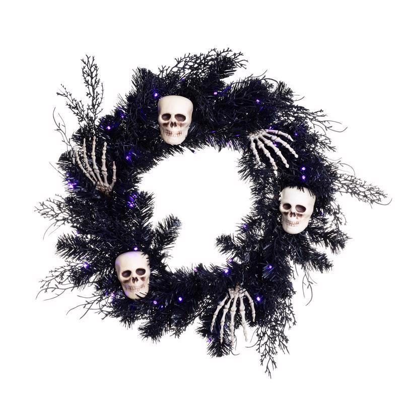 Celebrations Orange/Purple 50 ct 24 in. LED Prelit Black Skull Wreath, Pack of 4