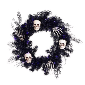 Celebrations Orange/Purple 50 ct 24 in. LED Prelit Black Skull Wreath, Pack of 4