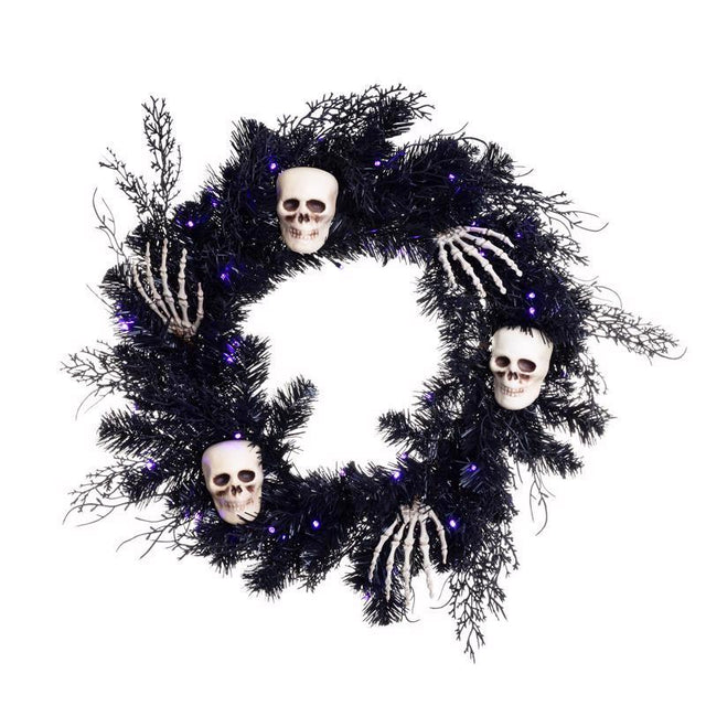 Celebrations Orange/Purple 50 ct 24 in. LED Prelit Black Skull Wreath, Pack of 4