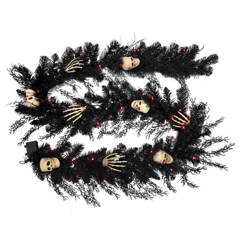 Celebrations Orange/Purple 50 ct 9 ft. LED Prelit Black Skull Garland, Pack of 4