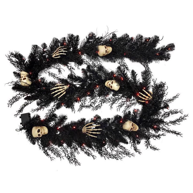Celebrations Orange/Purple 50 ct 9 ft. LED Prelit Black Skull Garland, Pack of 4