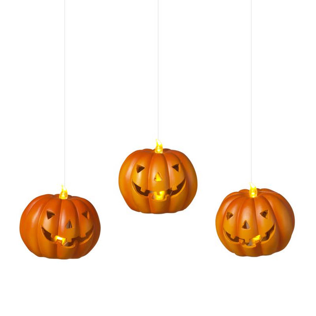 Gerson 4.5 in. Set of 3 Lighted Resin Halloween Pumpkins with Remote Hanging Decor, Pack of 6