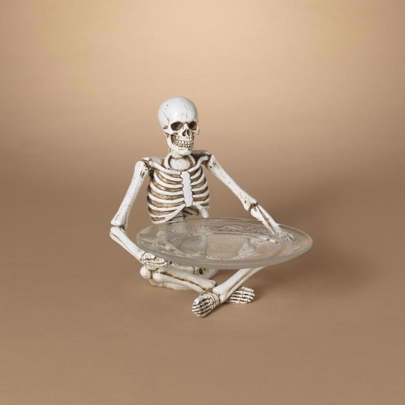 Gerson 11 in. Halloween Skeleton with Glass Plate Halloween Decor, Pack of 4