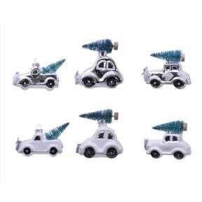 Decoris White/ Blue Car with Tree Ornament 4 in., Pack of 48