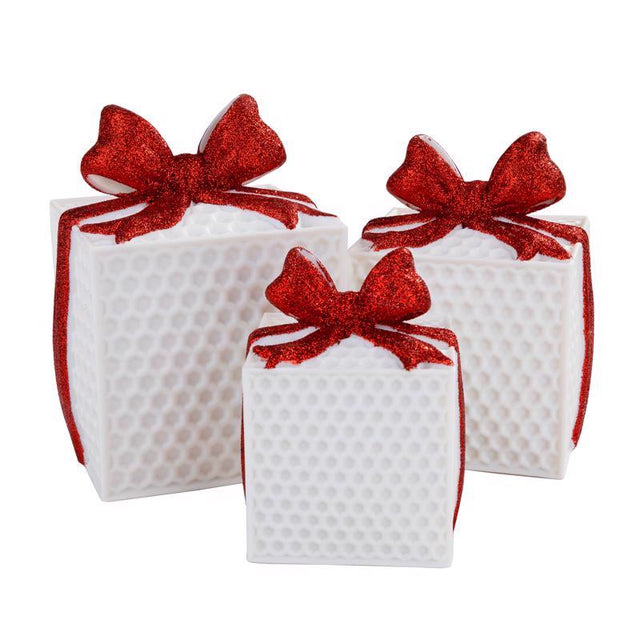 Lin-Con Marketing Omega Bright Designs LED White with Red Bows Gift Box Table Decor 6 in., Pack of 4