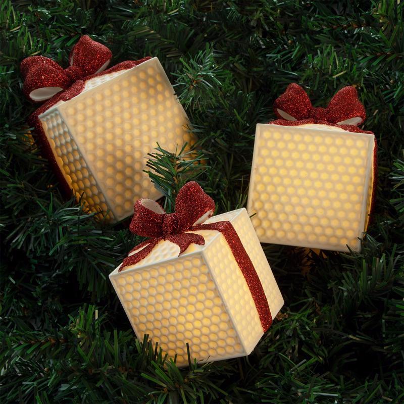 Lin-Con Marketing Omega Bright Designs LED White with Red Bows Gift Box Table Decor 6 in., Pack of 4