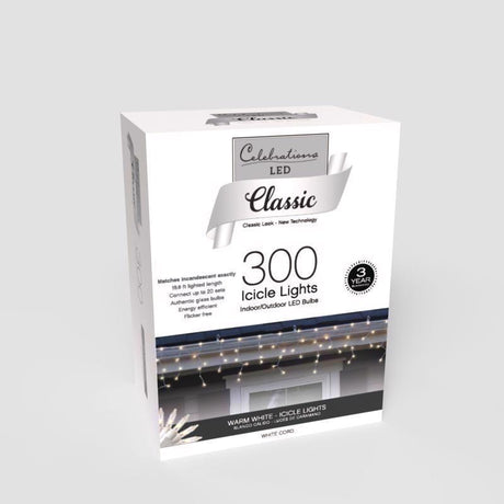 Celebrations Classic LED T5 Warm White 300 ct Icicle Christmas Lights 19.6 ft.